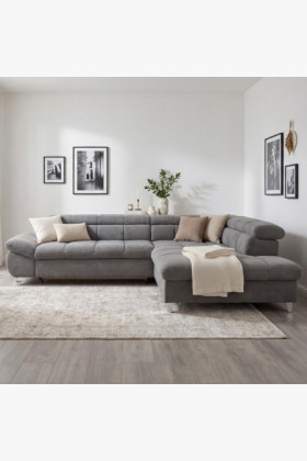 Ecksofa mit Schlaffunktion grau-braun Holzgestell rechts